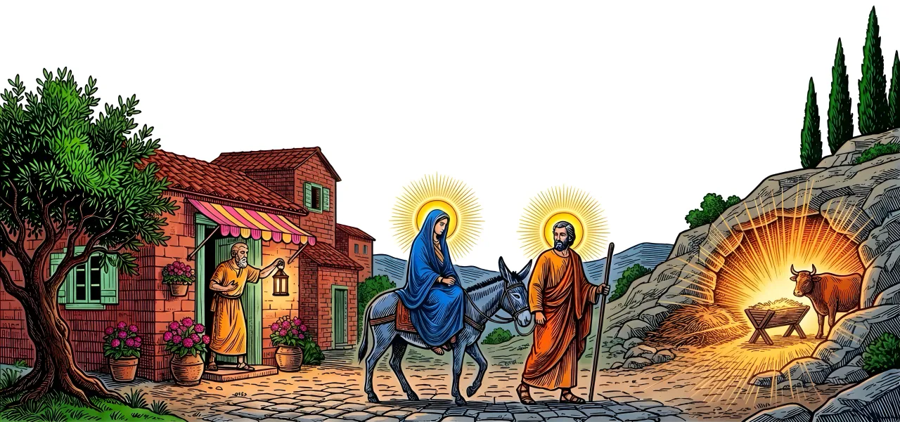 An engraved evening street in Bethlehem: an innkeeper with a lantern turns travelers away; Joseph with a staff leads a donkey carrying Mary, both with radiant gold halos, toward a cave stable full of golden light with a manger and an ox.