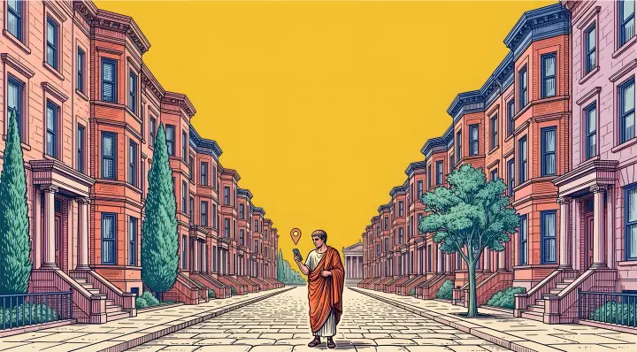 A pop engraving of a street of pink and lilac brownstone two-flats under a yellow sky: a man in an orange toga looks at a phone that shows a map pin.