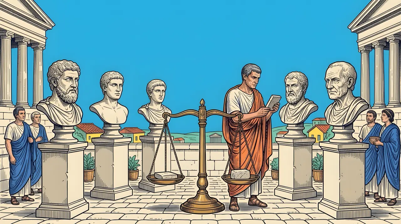A pop engraving under a cyan sky: Roman busts on pedestals in a row and a brass balance scale; a man in an orange toga judges them.