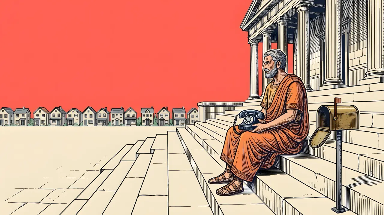 A pop engraving under a coral sky: a landlord in an orange toga sits on temple steps with a silent rotary phone; an empty letterbox stands beside him.