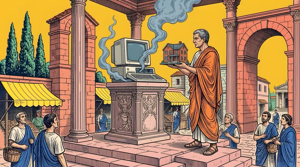 A pop engraving under a yellow sky: an old computer smokes on a stone altar like an oracle; a homeowner in an orange toga holds a small model house.
