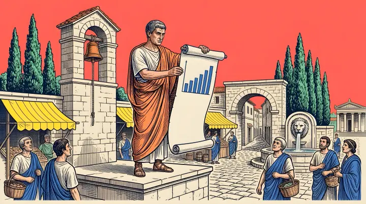 A pop engraving of a Roman market under a coral sky: a herald in an orange toga holds up a scroll with a rising blue bar chart, a bronze bell hangs beside him, and townspeople look up.