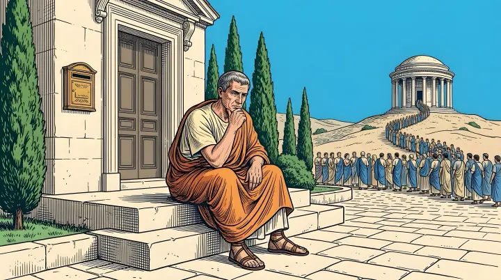 A pop engraving under a cyan sky: a landlord in an orange toga waits on the steps of a quiet villa by an empty letterbox, while far away people line up at a small oracle temple.