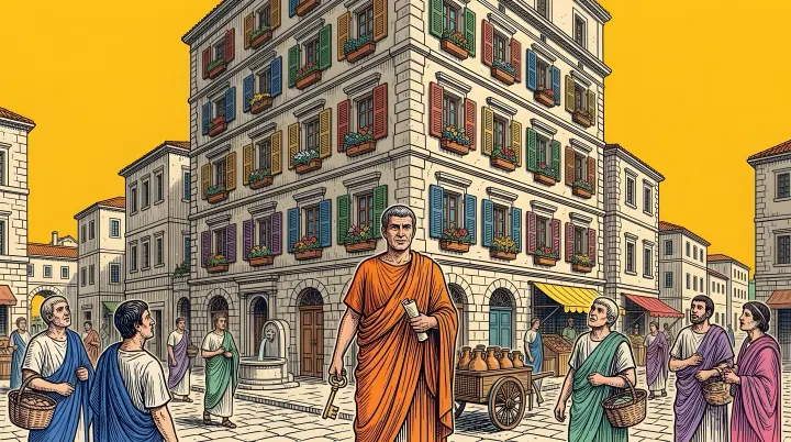 A pop engraving under a yellow sky: a tall Roman apartment block with colorful shutters and one lit window with a laptop; a landlord in an orange toga with a big key stands in the street.