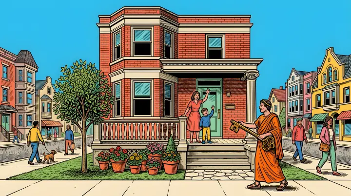 A pop engraving under a cyan sky: a red-brick Chicago two-flat with a column by the door; a family waves from the porch as a landlord in an orange toga offers them a big key.