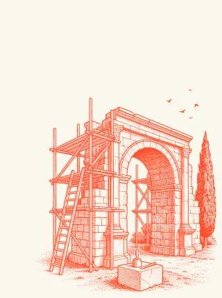 Engraved stamp: a Roman stone arch under repair with scaffolding, a ladder and a mason's mallet on a block.