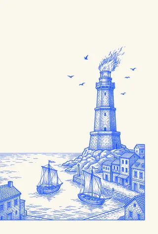 Engraved stamp: an ancient lighthouse with a fire on top over a small harbor with two sailing boats.